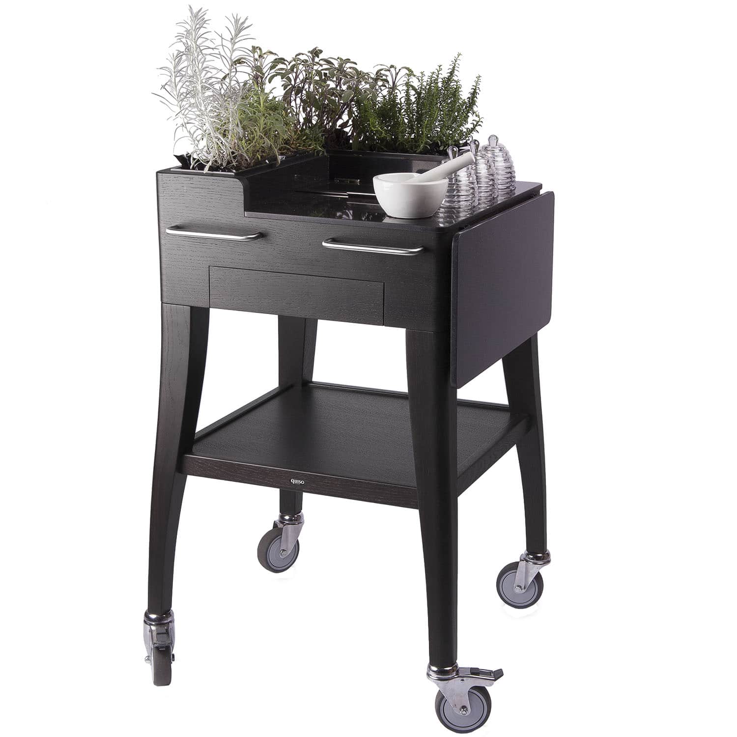 Tea and infusion trolley for fresh herbs, Jardin des infusions by QUISO in black oak, top and flap in black Quartz stone