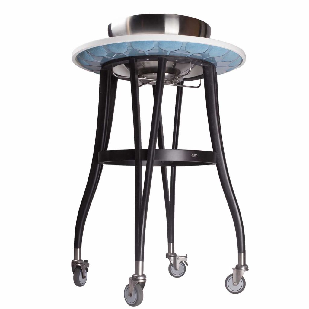 QUISO BOQ champagne trolley in black beech and white Krion tray. Cushion in blue Amara fabric