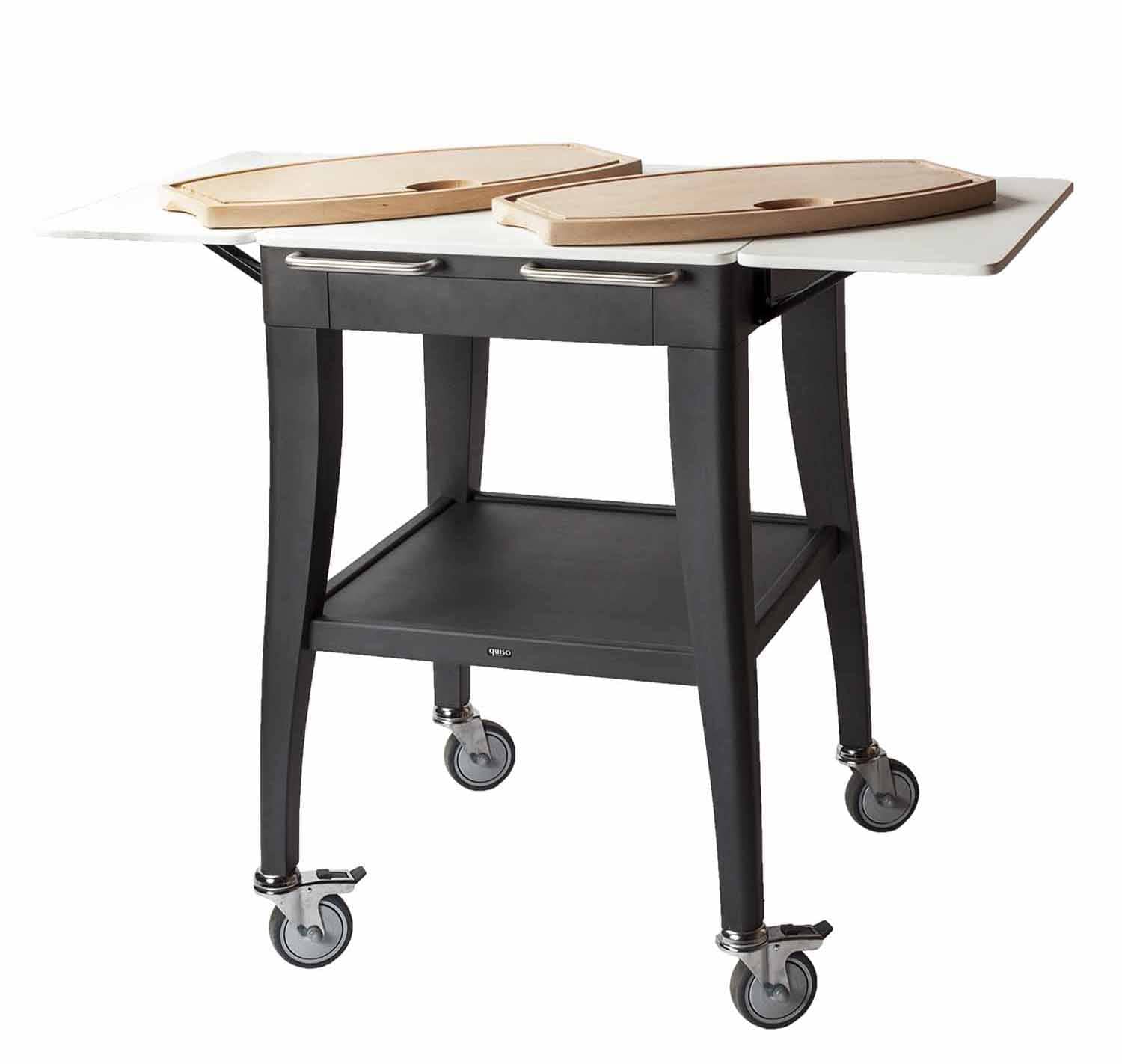 QUISO Km31 multifunctional trolley in black beech and white Krion top with two cutting boards