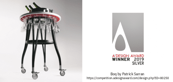 Récompense A'DESIGN AWARD 2019 SILVER pour le chariot à champagnes BOQ de la marque QUISO