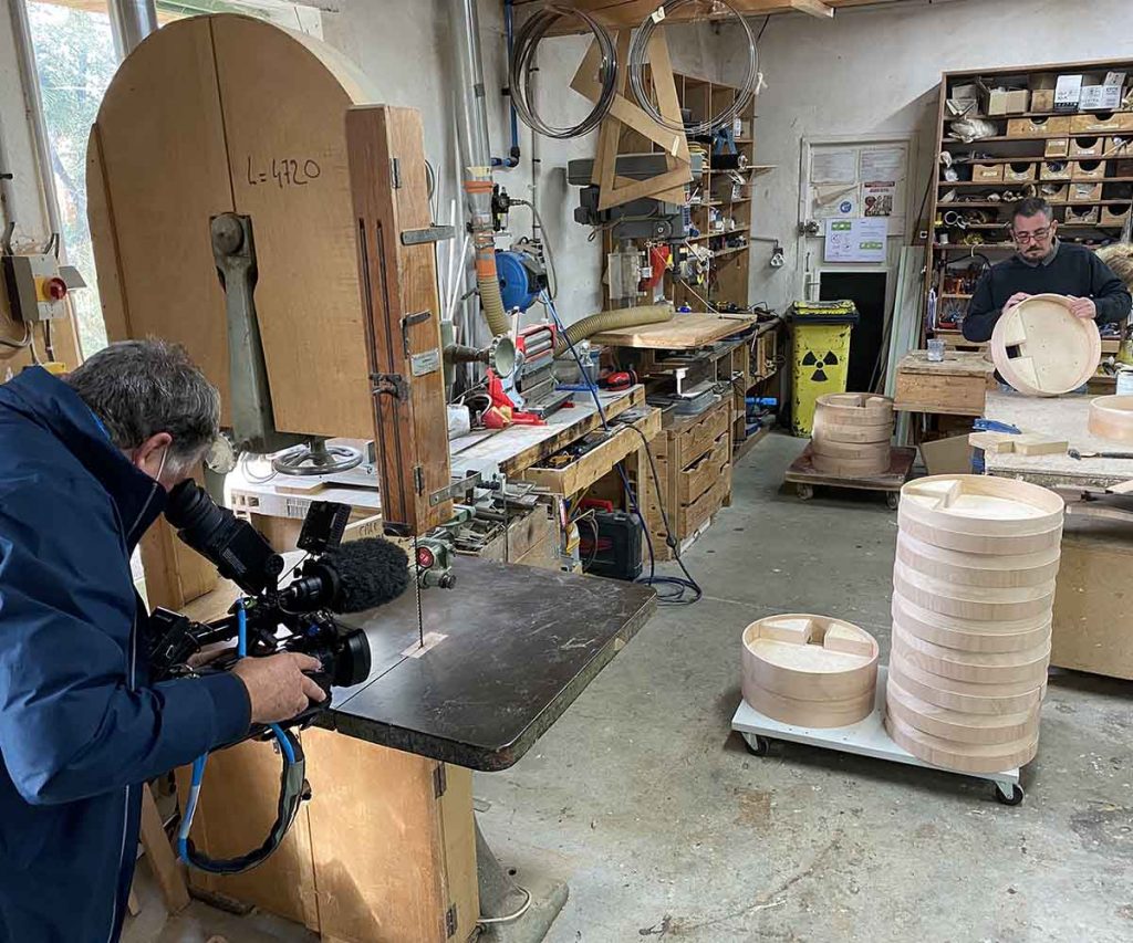 Filming of a documentary on the creation of the trolleys in Patrick Sarran's workshop