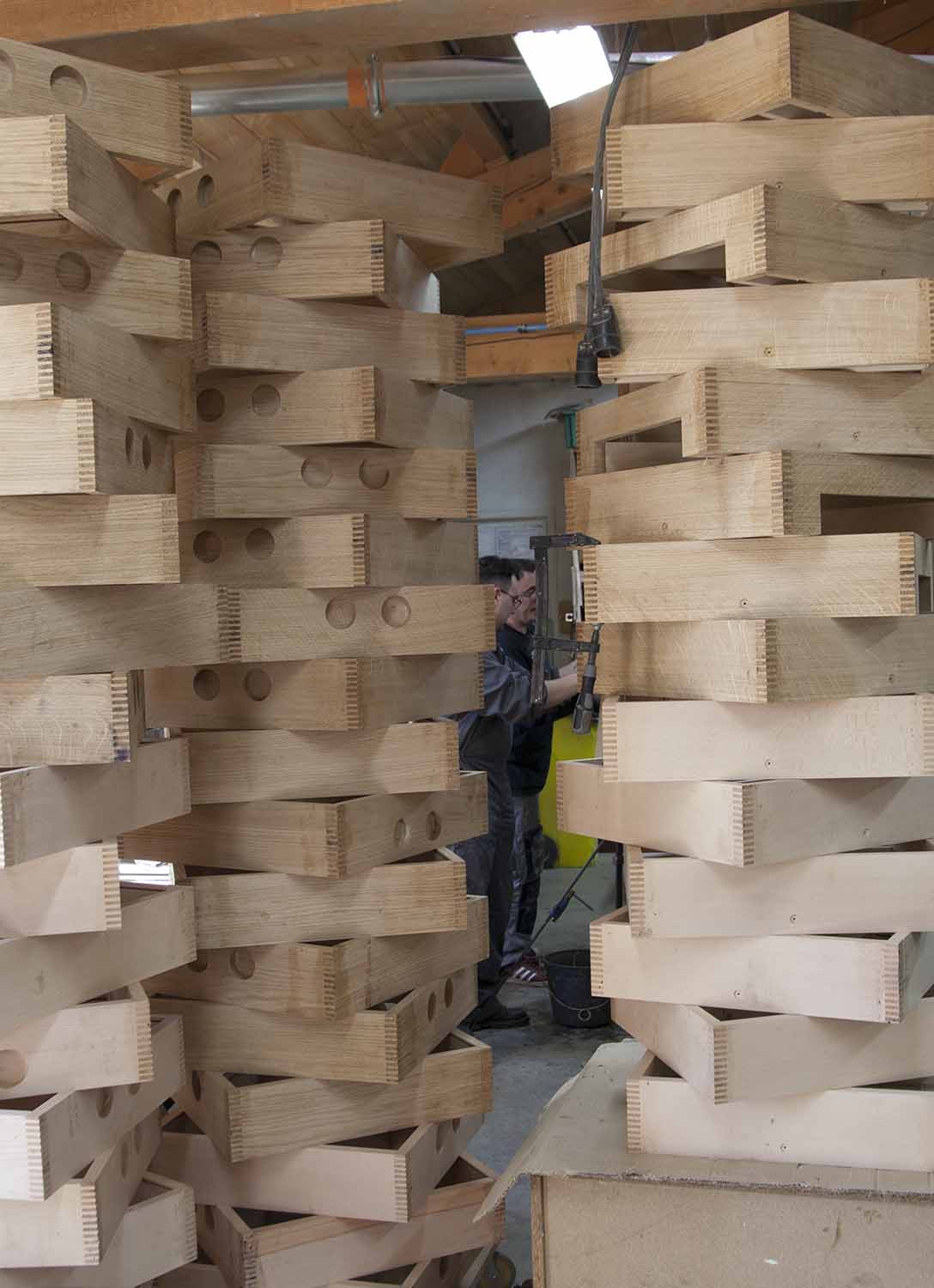 QUISO KEZA cheese trolley shelves stacked in Patrick Sarran's workshop