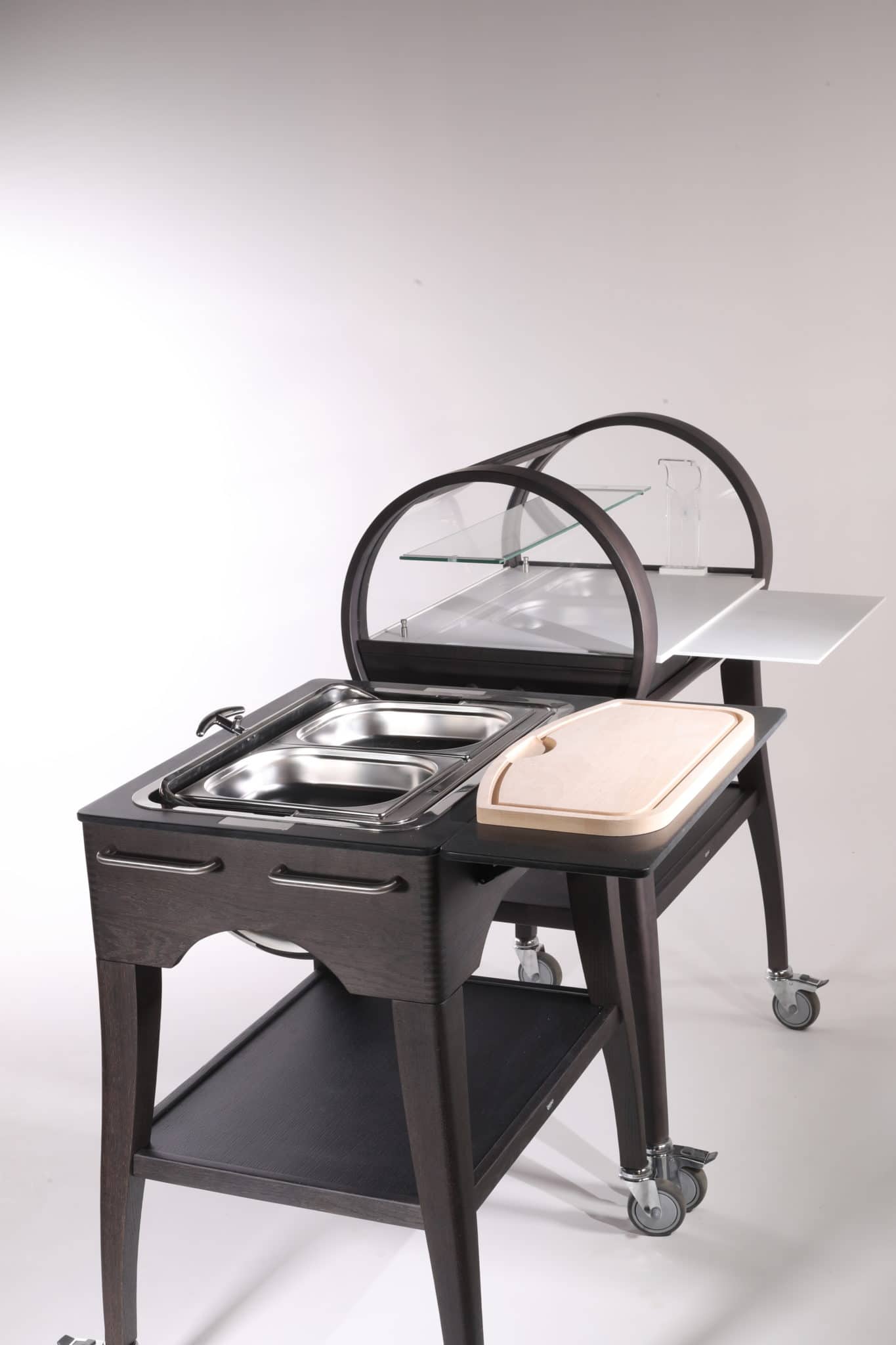 KACHAUD chaffing-dish trolley and Sweet Kit dessert trolley from QUISO in black oak