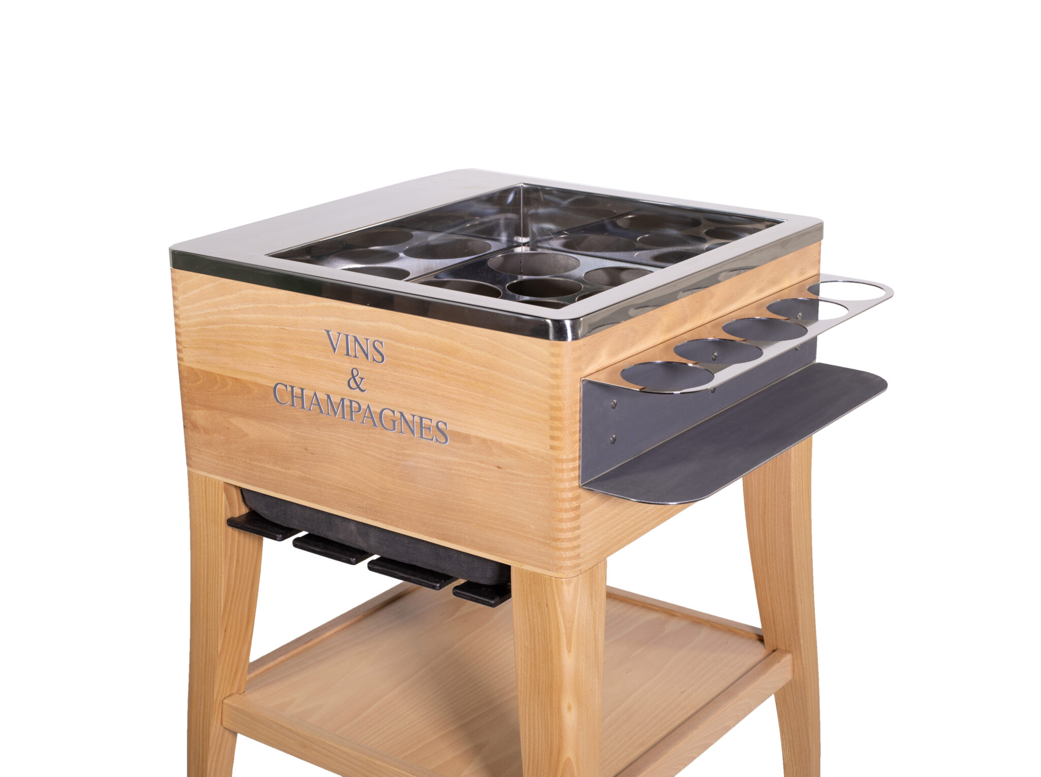Chariot à champagnes, chariot à vins, desserte à champagnes, bar ambulant, champagne cart, vins frais, desserte roulante, service à table, étoilé, michelin, gault&millau, luxe, artisanat, fait main, hand made, artisans, fabriqué en france, made in france