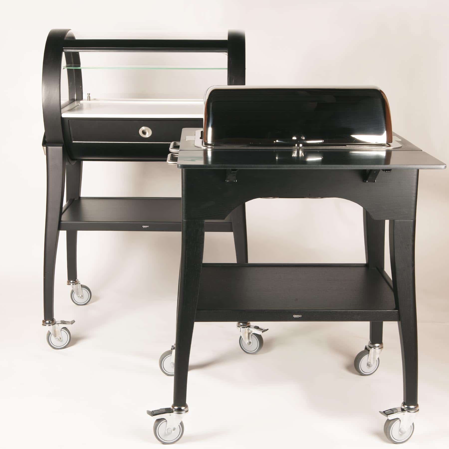 KACHAUD chaffing-dish trolley and Sweet Kit dessert trolley from QUISO in black oak